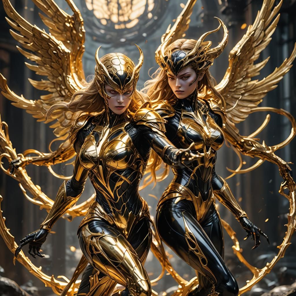Angelic creature, warrior girl, gold symbiote attached, shiny, angelic look, psychotic, fighting stance, highly detailed...