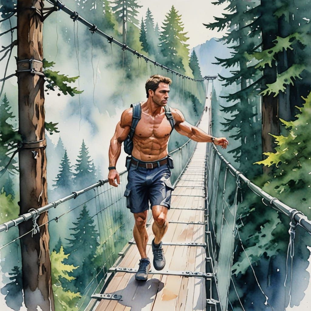 Chiseled Hiker on Capilano Suspension Bridge in Vibrant Wate...