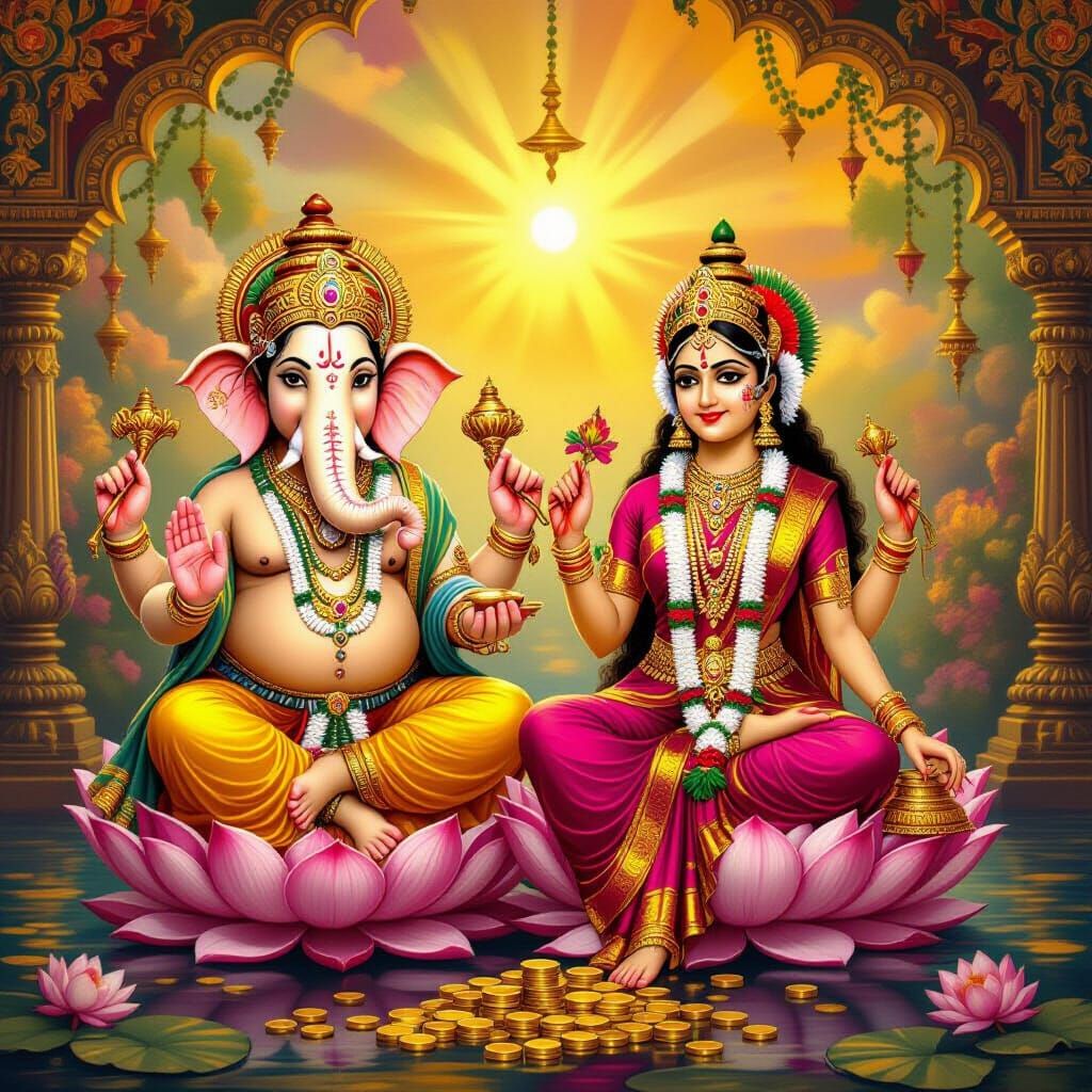 Divine Ganesha and Lakshmi in Indian Art Style