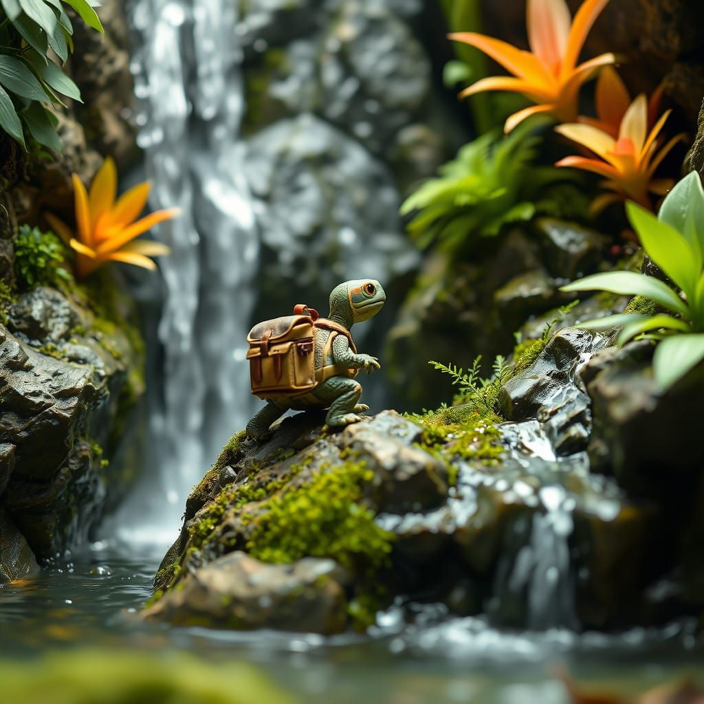 Whimsical Miniature World with Turtle and Waterfall