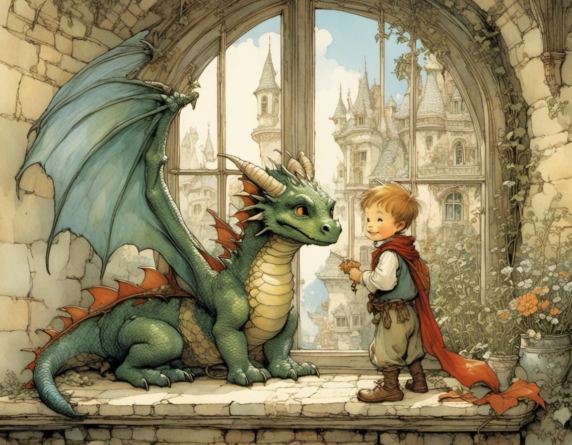 Cute Dragon Flies to Smiling Boy at Window