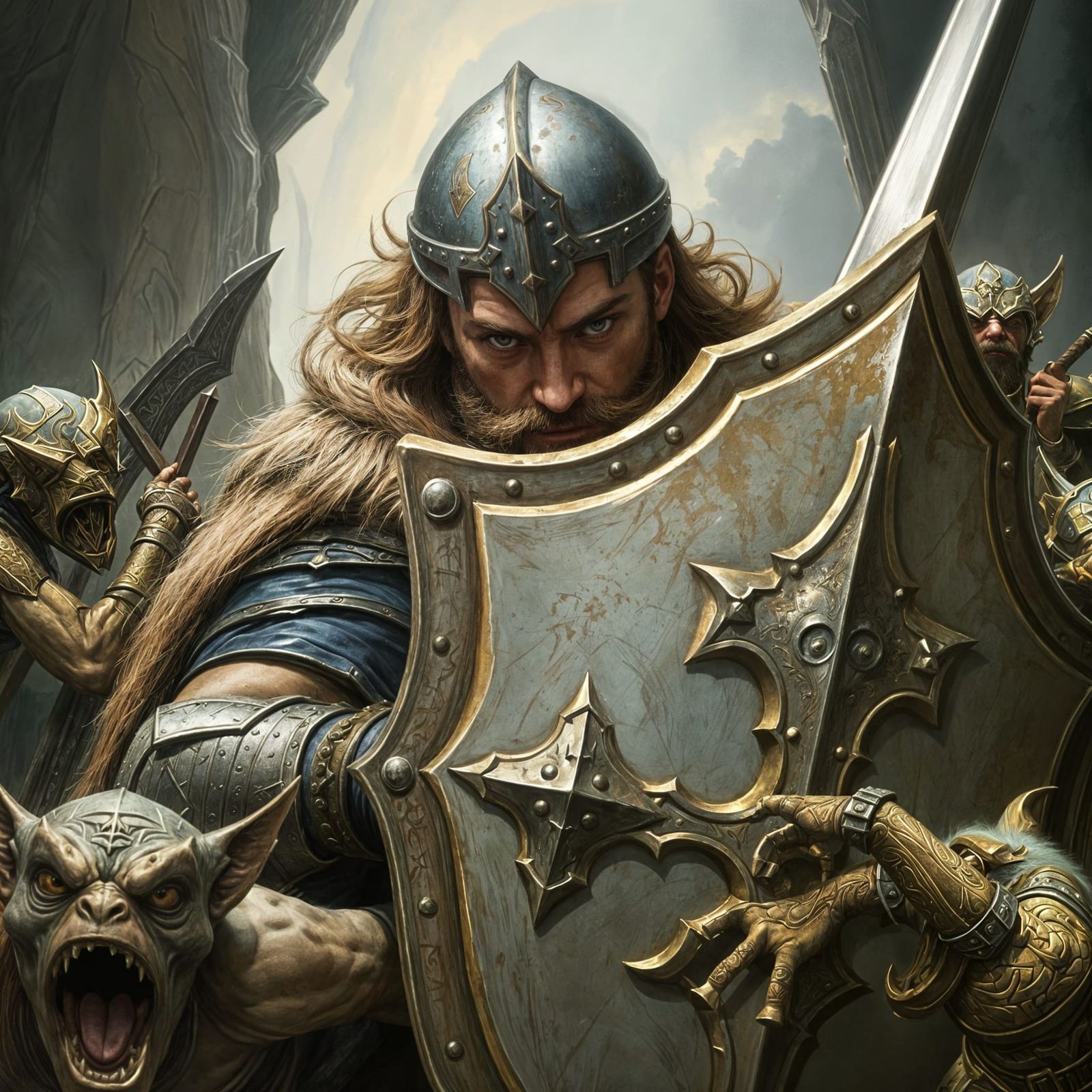 Handsome Paladin Pushes Through Goblin Horde in Detailed Dar...