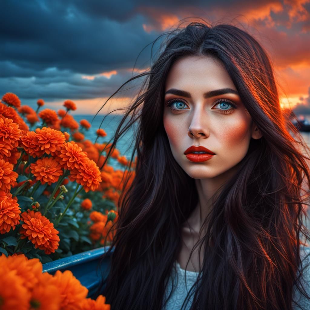 Hyperrealistic Girl in Boat with Orange Flowers