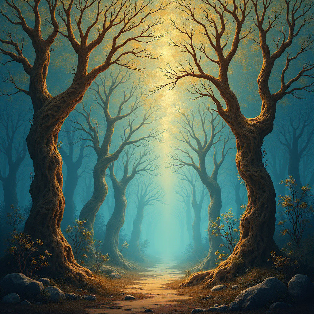 Mystical Golden Forest Under Dusky Sky, Fantasy Art