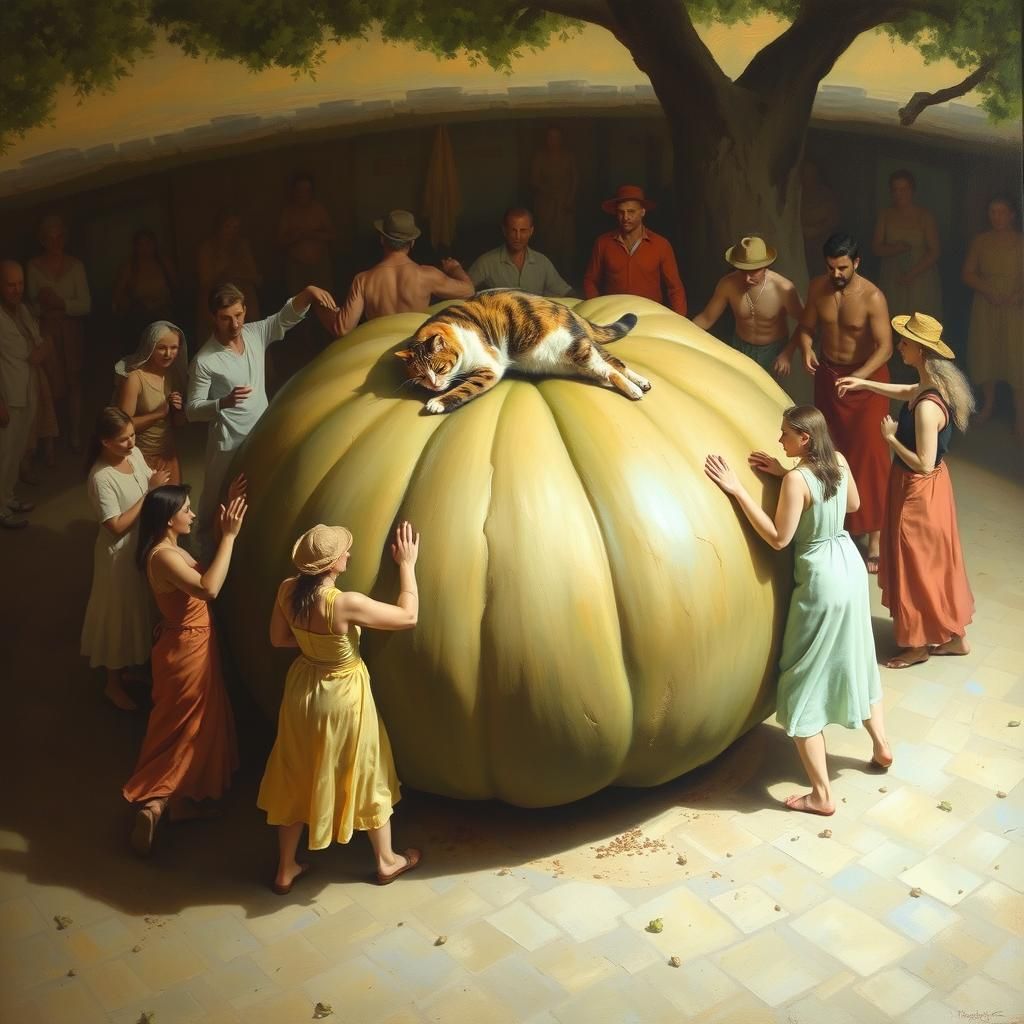 Vibrant Scene of Dancing Figures and a Cat on a Gourd in Oil...