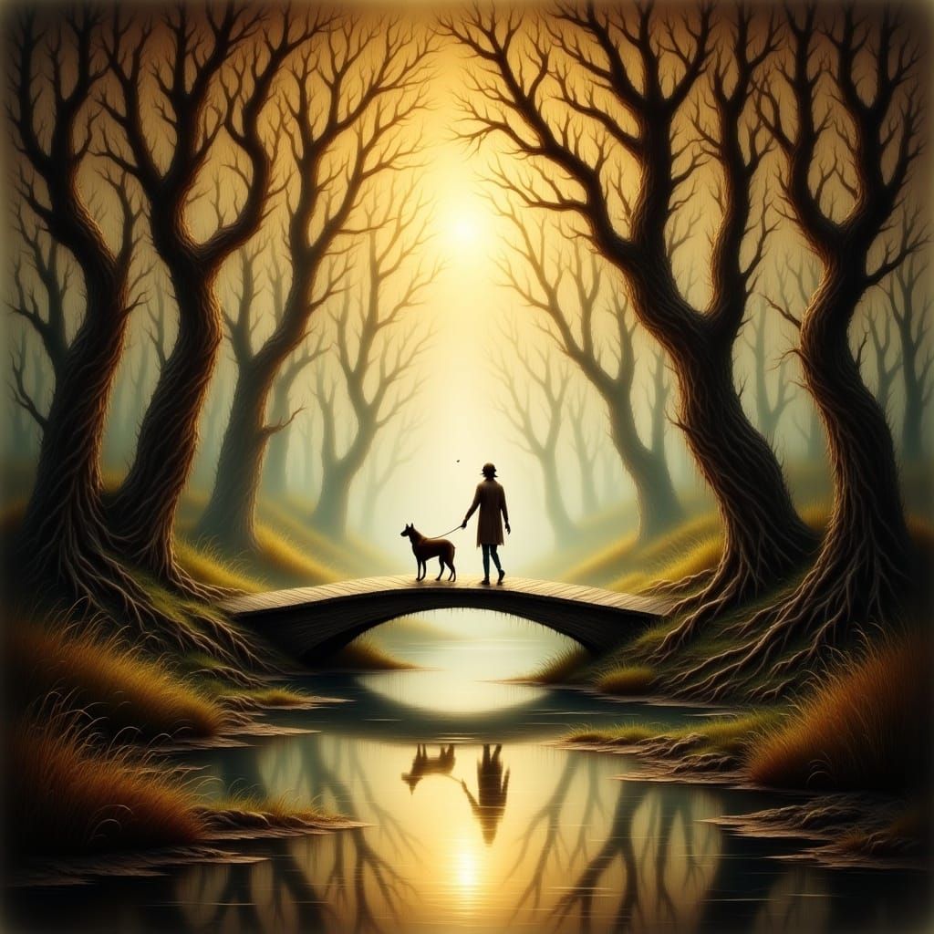 Ethereal Dawn Scene with Loyal Dog and Cypress Trees