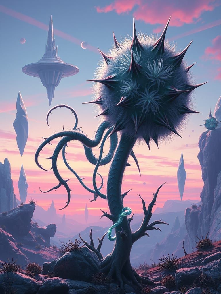 Surreal Fuzzy Alien Plant with Bioluminescent Tendrils