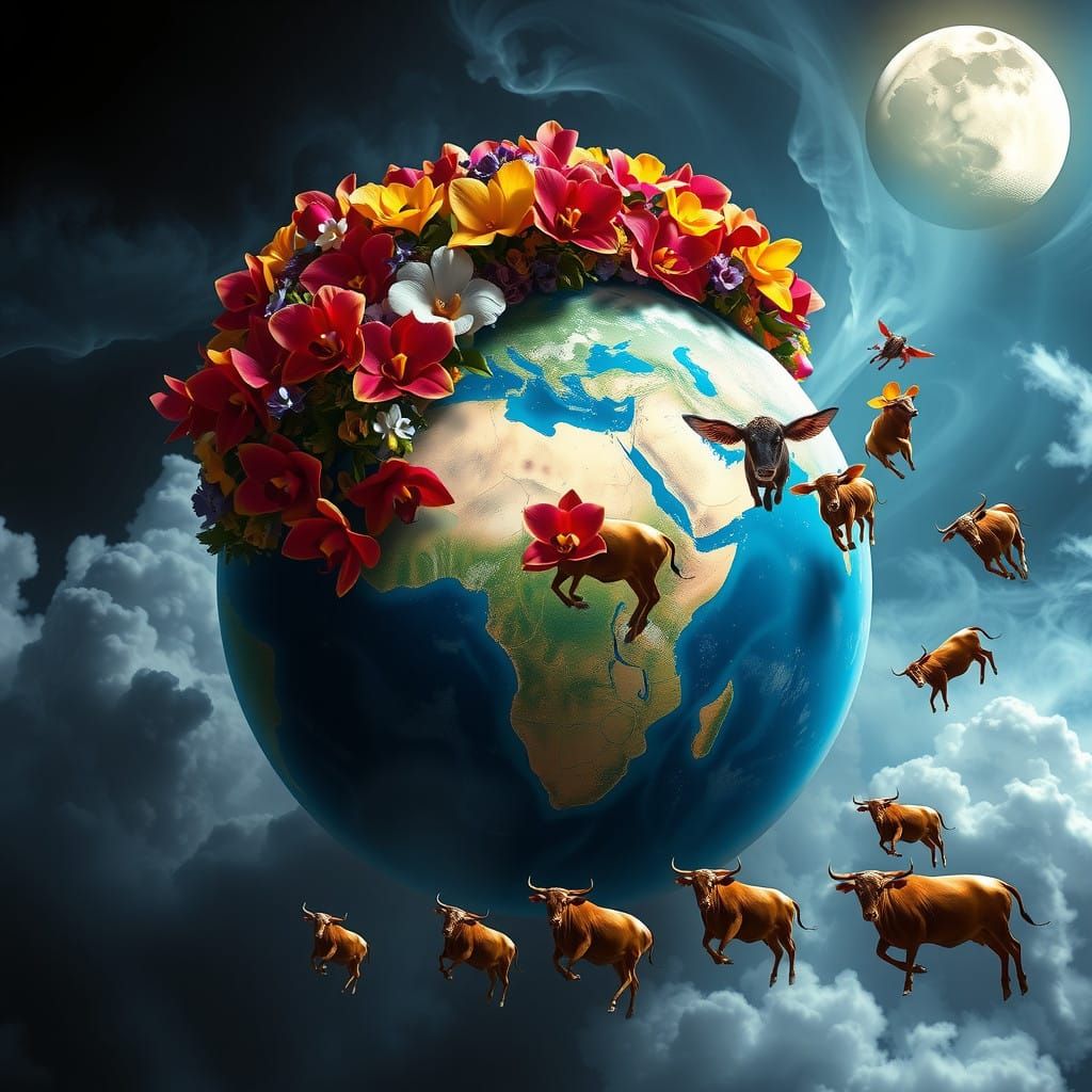Surrealist Floral Planet with Flying Cows