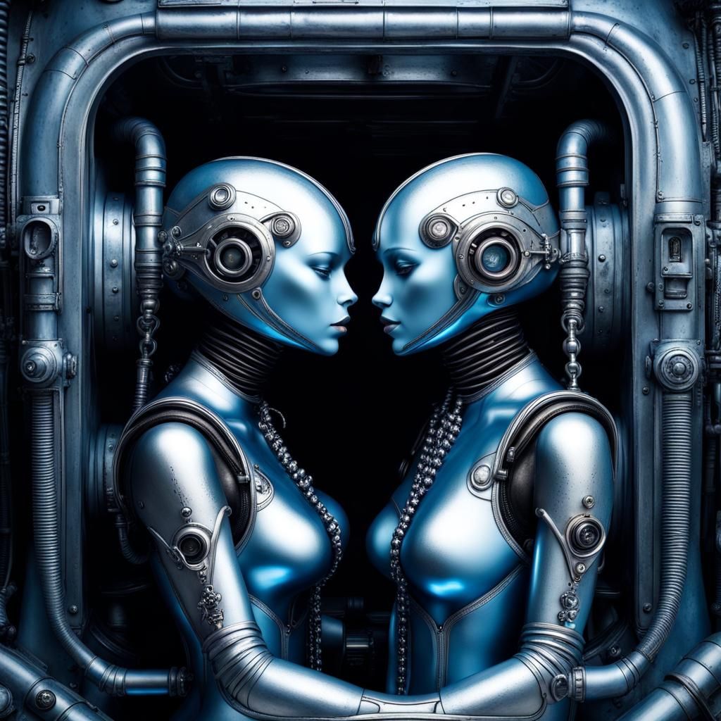 Sinister Mechanical Twins Kissing in Spaceship, Giger Style