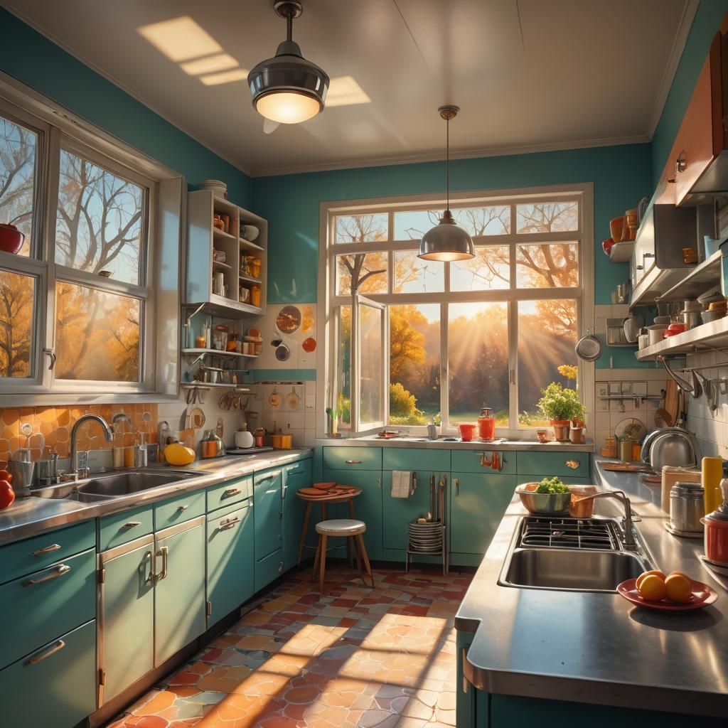 Atomic Age Kitchen in Morning Sunlight: Hyperrealistic Splas...