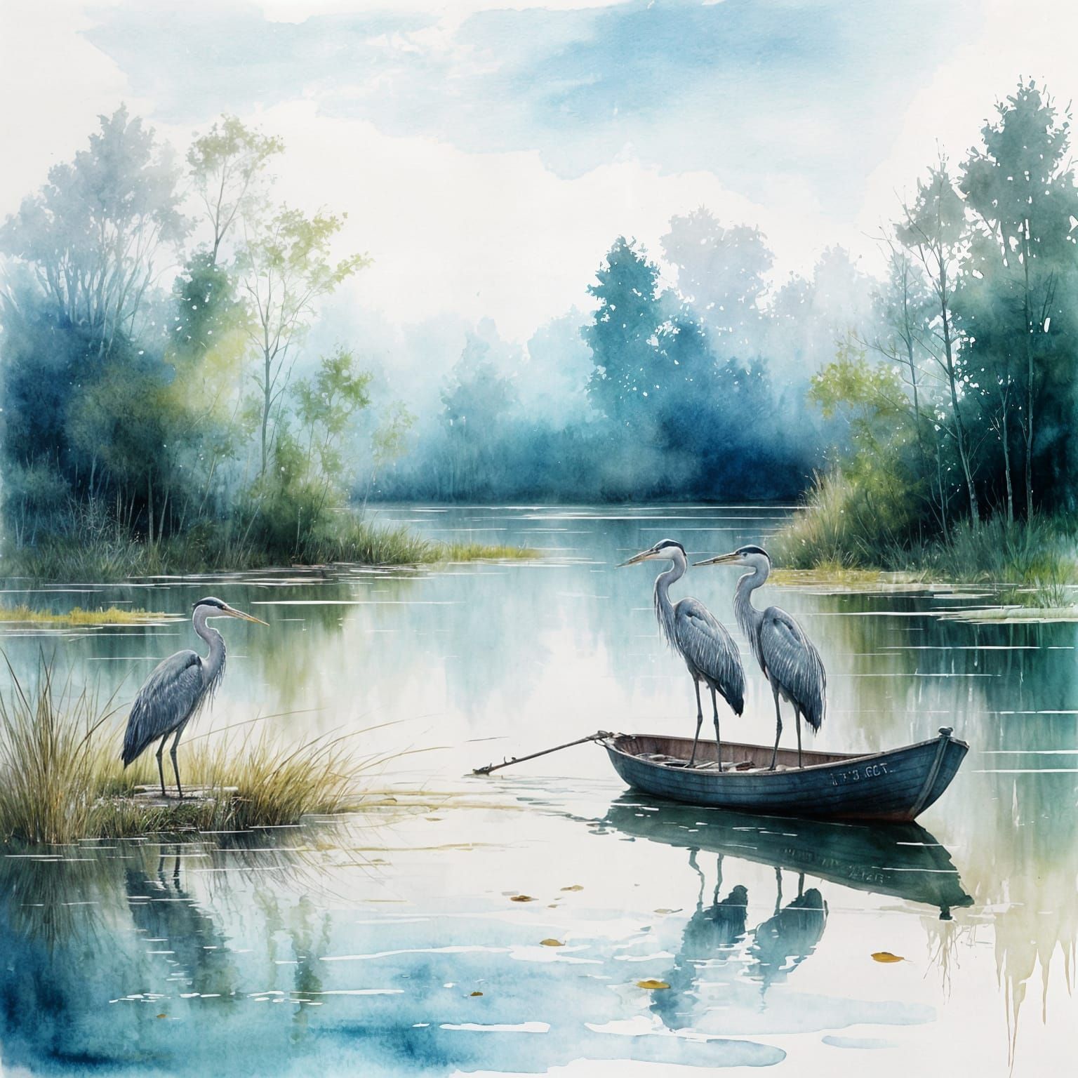 Herons on a Boat in Ethereal Watercolour