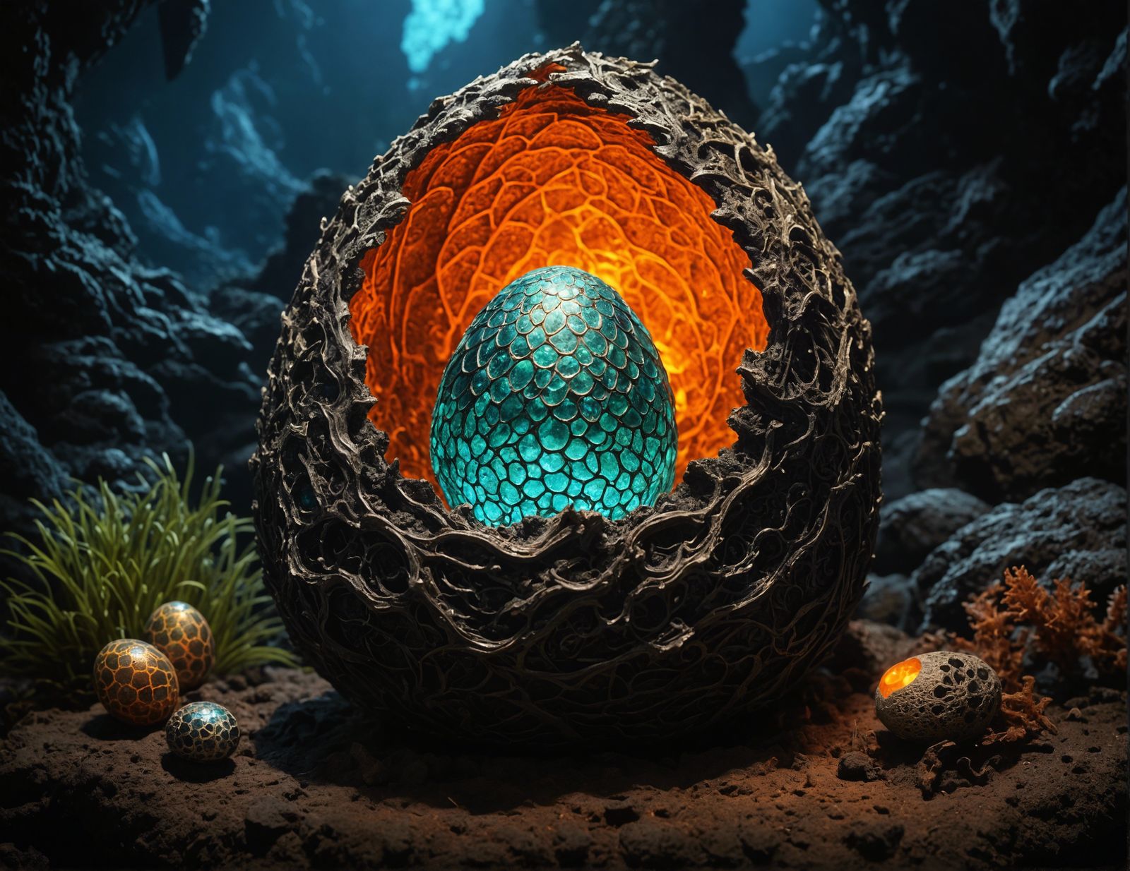Bioluminescent Dragon Egg in Lava Nest