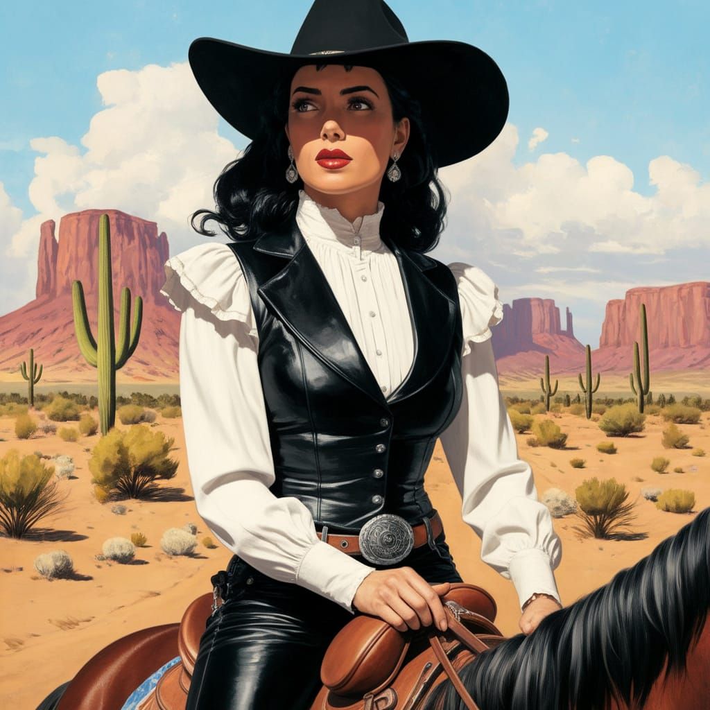 Sultry Desert Siren in Black Leather and Gaucho Hat