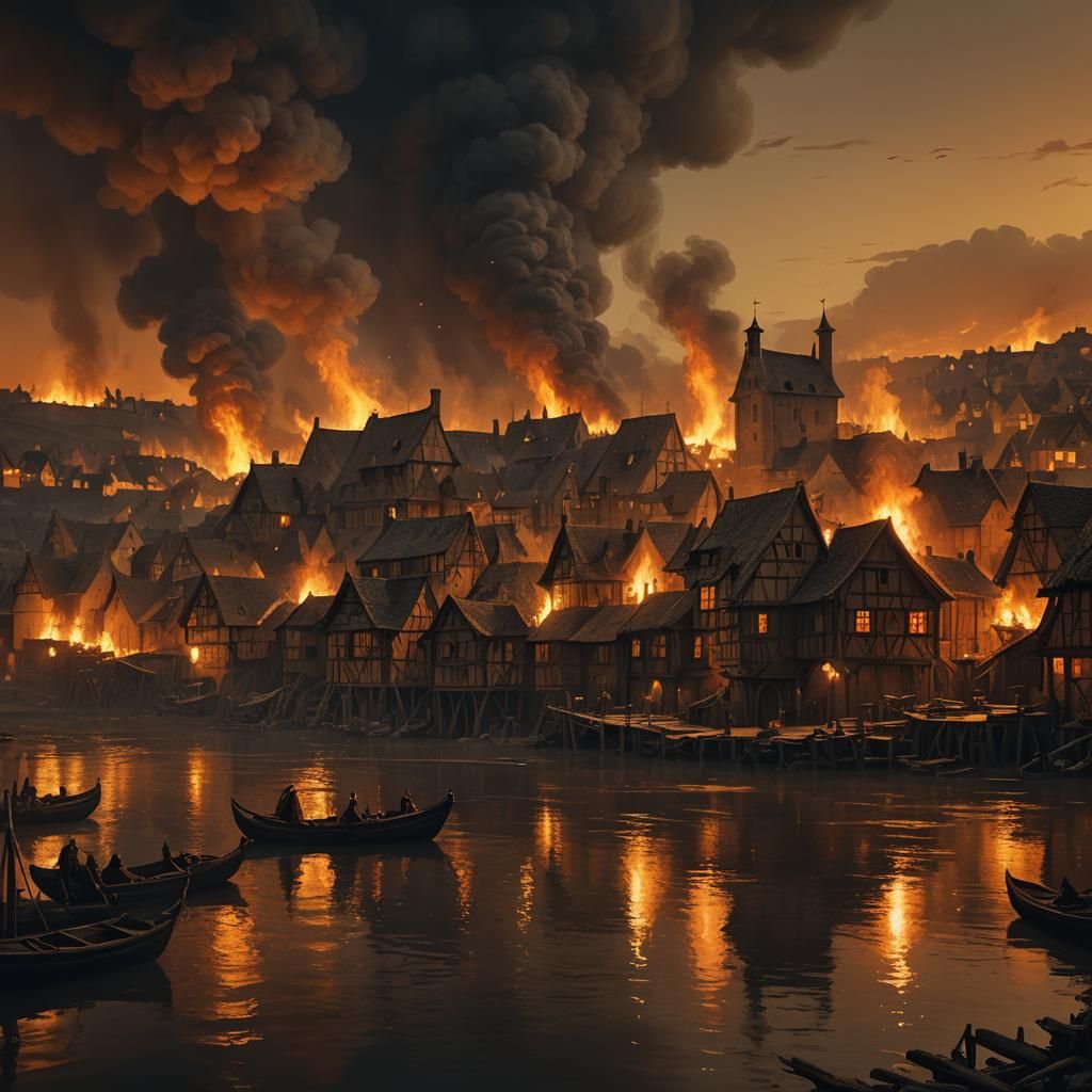 Medieval Village Engulfed in Flames: Cinematic Matte Paintin...