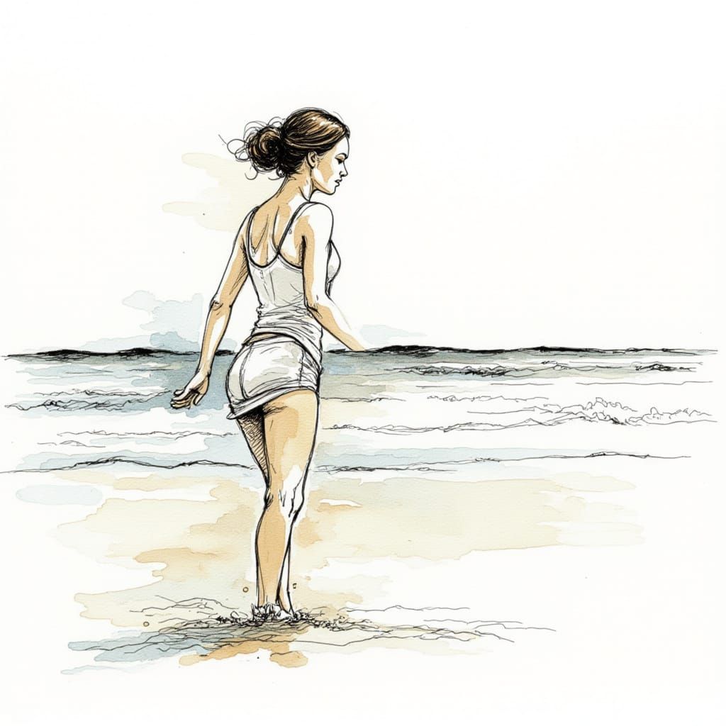 Woman on Beach Ink Sketch with Watercolor Motion