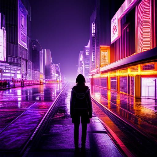 Hyperrealistic GoGo Tomago in Rainy Neon City