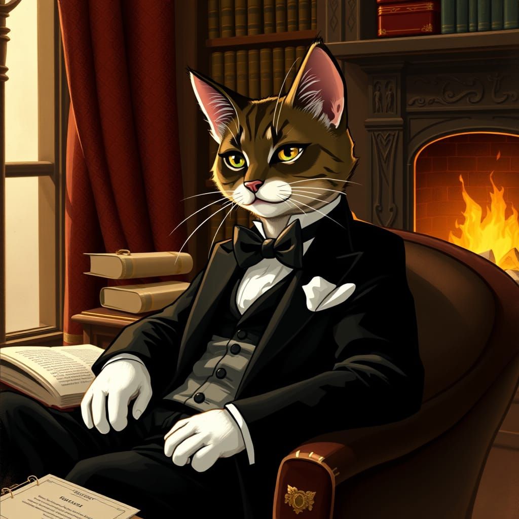 Elegant Feline Gentleman in Study