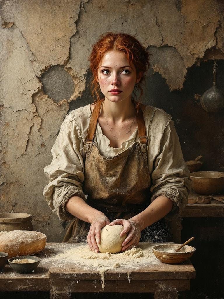 Redhead Baker Kneading Dough with Wabi-Sabi Aesthetic