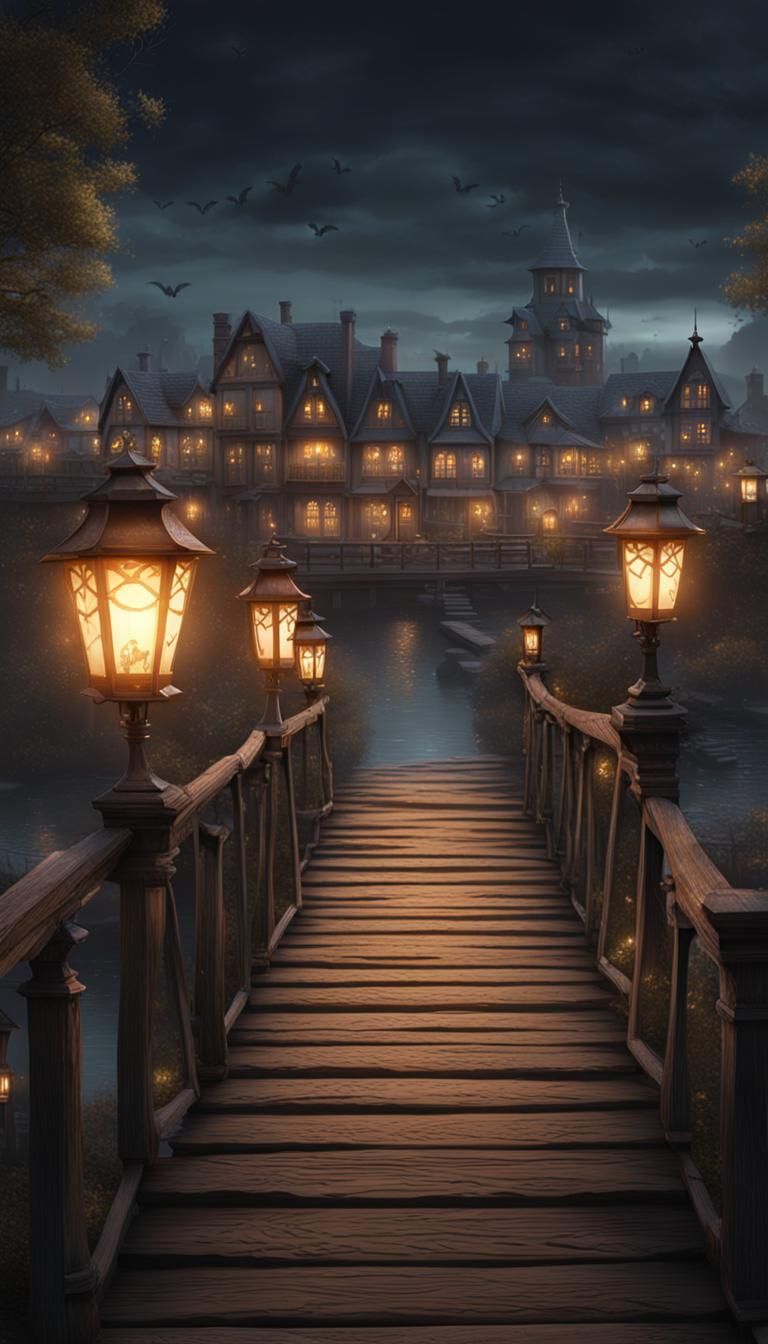 Haunted Bridge Overlooking a Spooky City