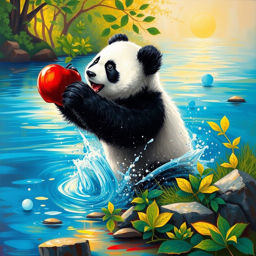 Vibrant Panda in Whimsical Morning River Scene