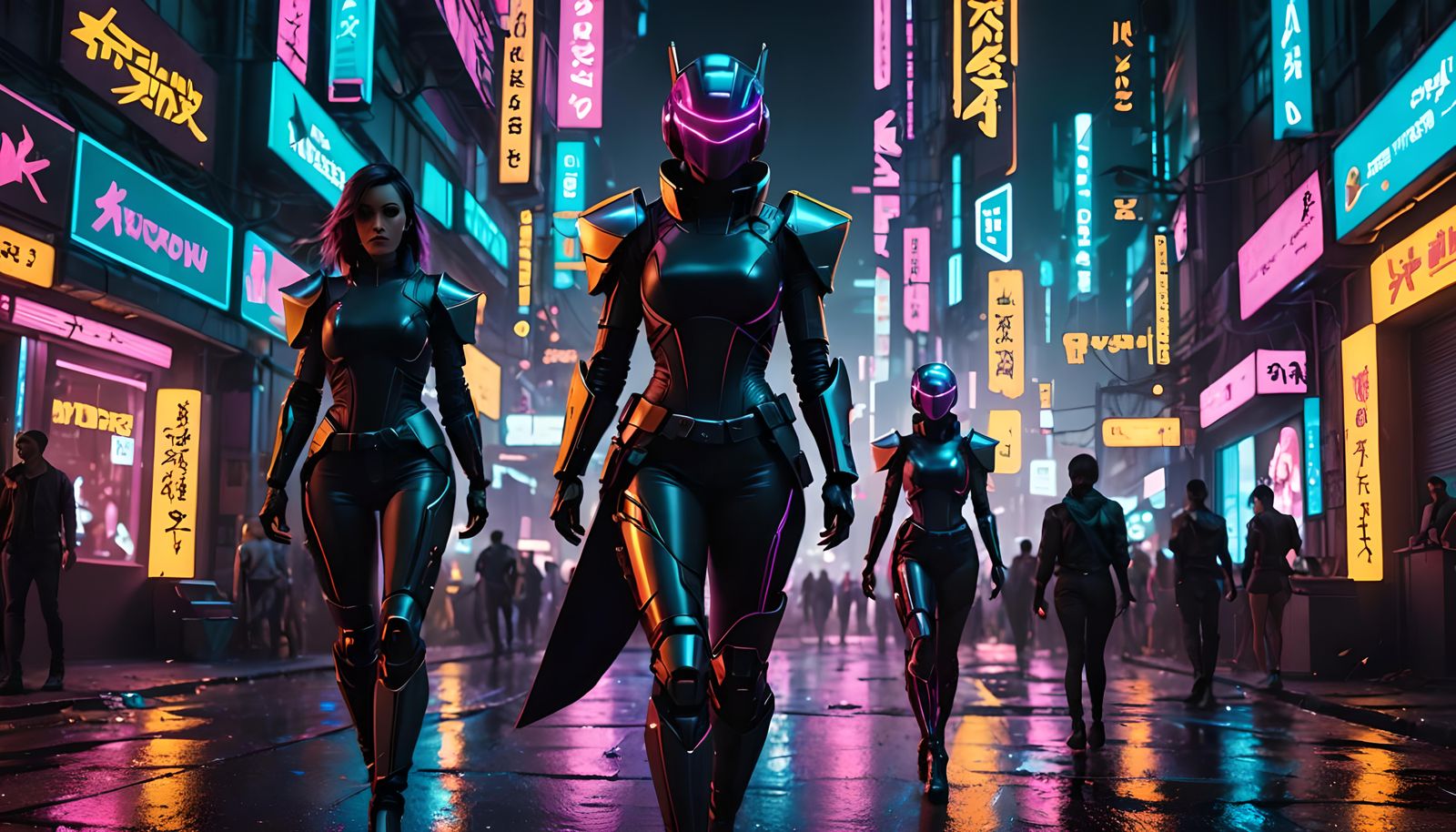 Cyberpunk Woman Knight in Neon City Street