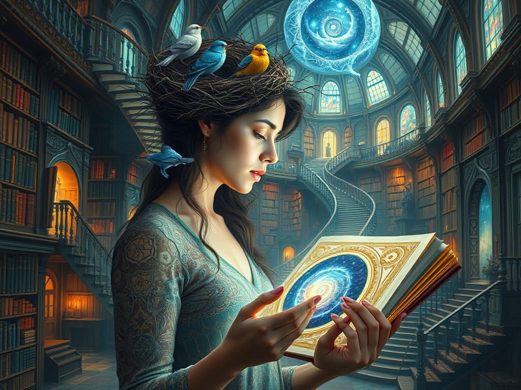 Surreal Library: Woman with Birds in Hair, Ethereal Art