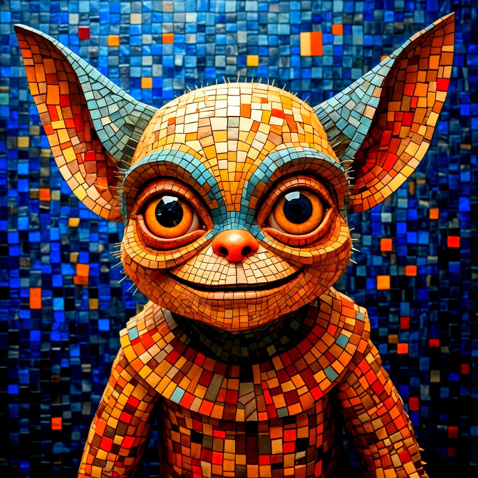 Vibrant Gizmo Portrait in Roman Illuminated Style Mosaic Art