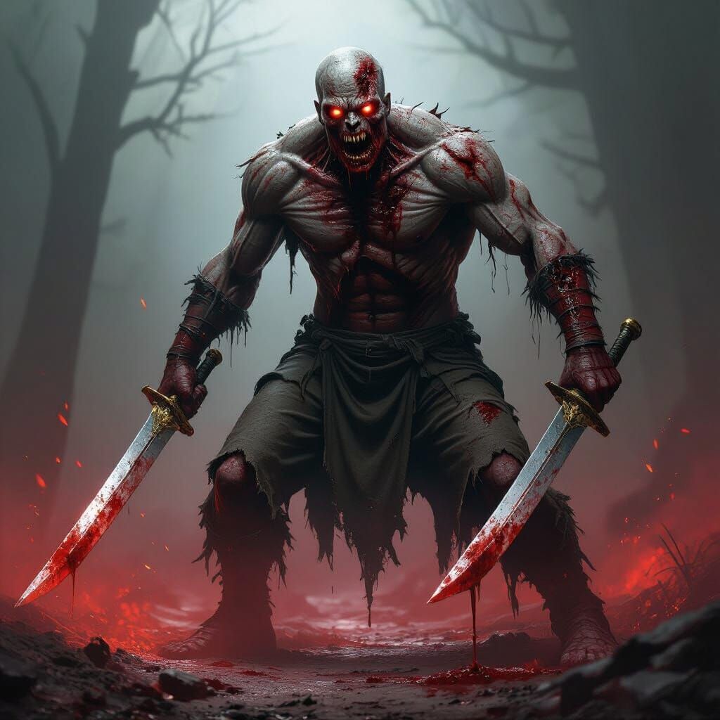 Muscular Zombie Warrior Wielding Swords in Dark Fantasy Styl...