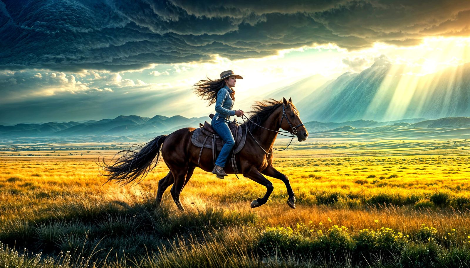 Cowgirl and Horse Running Freely in Windy Prairie