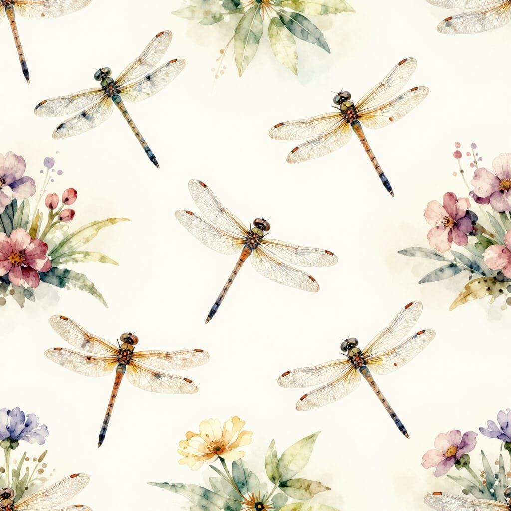 Watercolor Dragonflies and Flowers Seamless Pattern