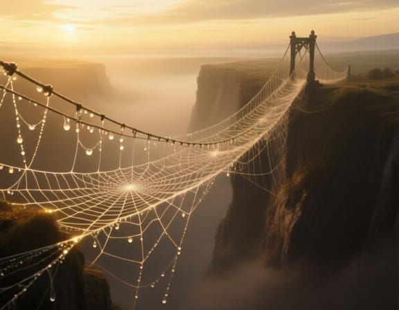 Spider Silk Bridge Spans Misty Chasm in Ethereal Light