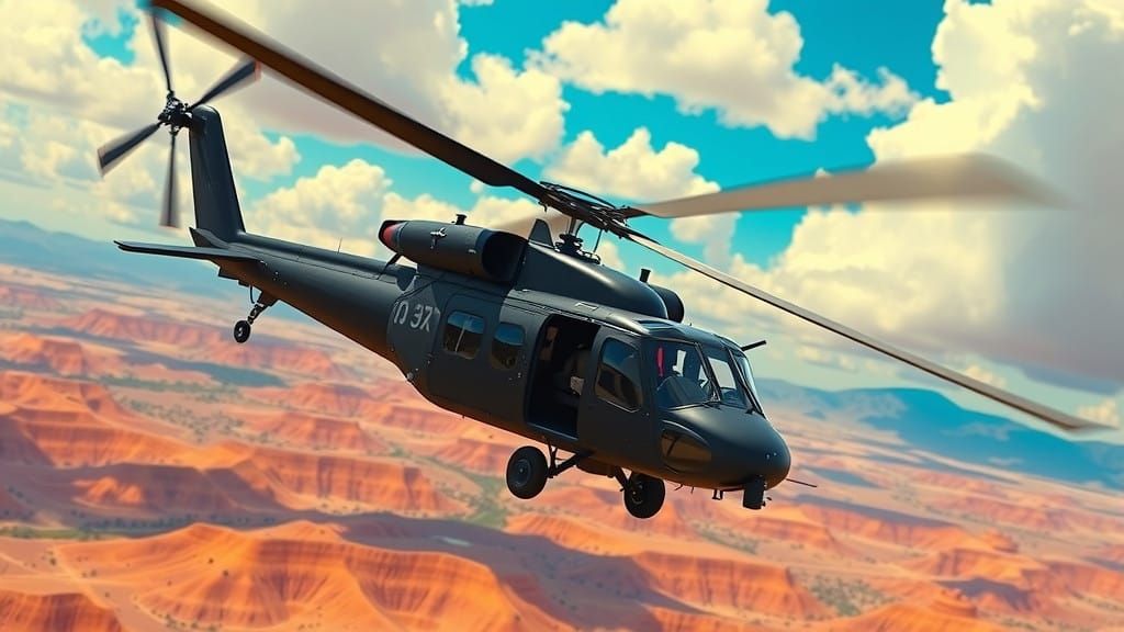 Mexican Army Black Hawk Helicopter Soars Over Vibrant Landsc...
