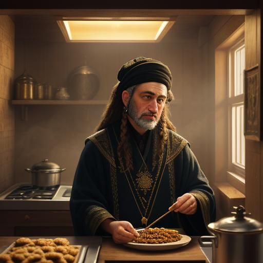 Orthodox Jew Enjoying Latkeh in Cozy Kitchen