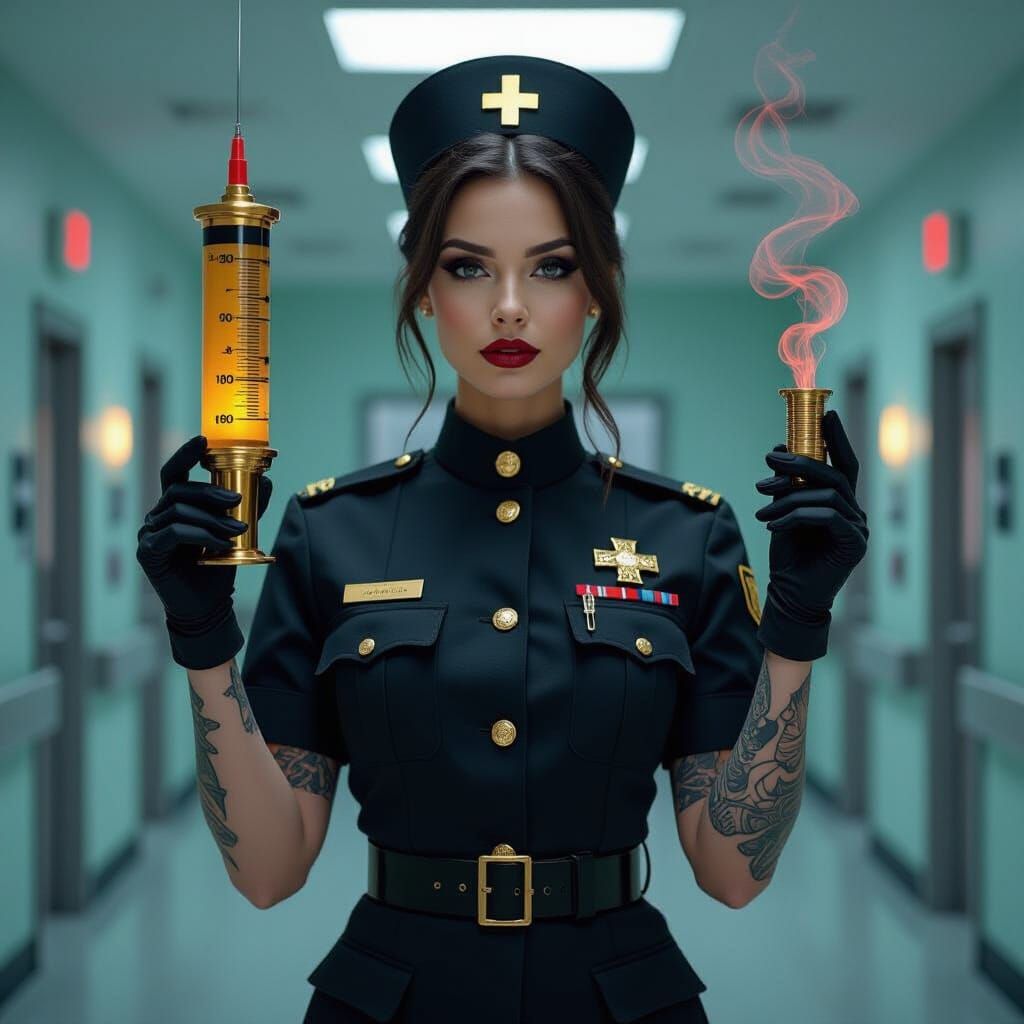 Gothic Nurse with Syringe in Cyberpunk Style