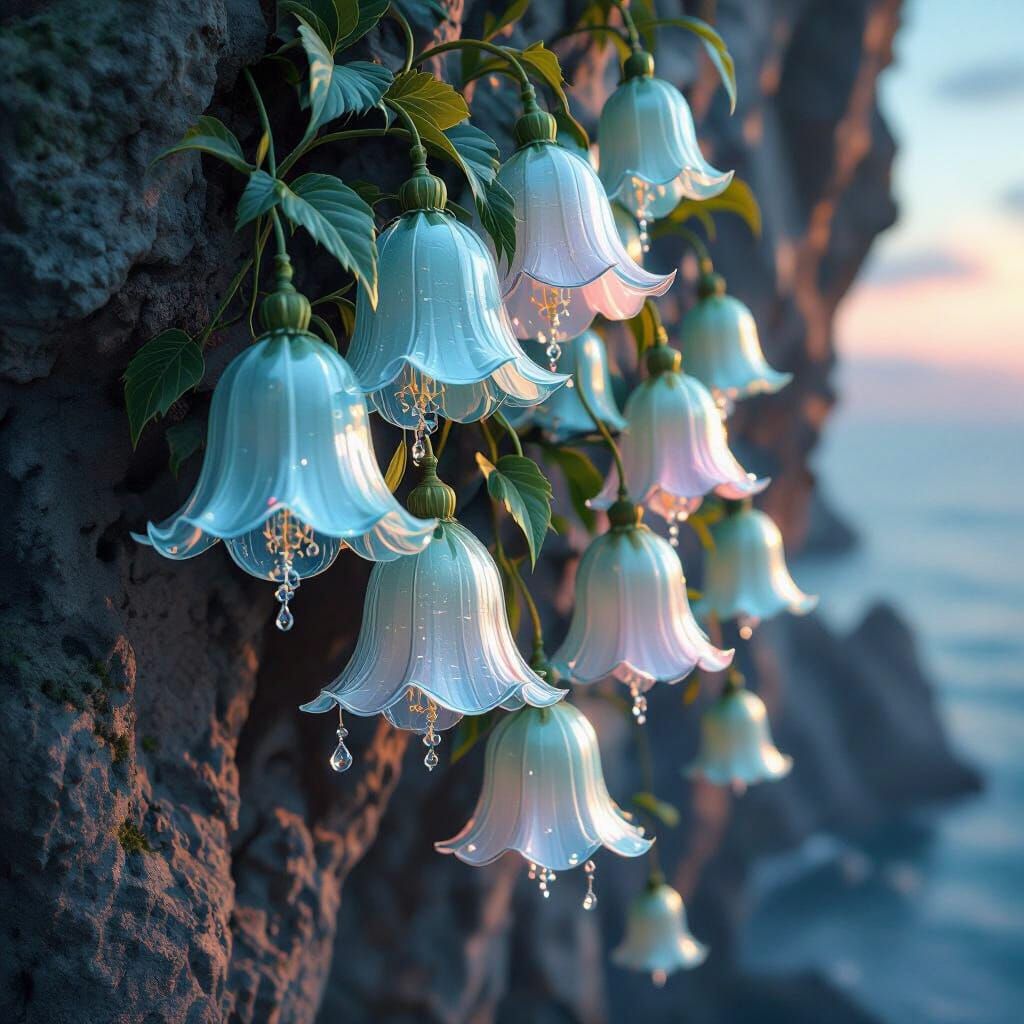 Glassbell Blooms on Crystal Coast: Dark Fantasy Art