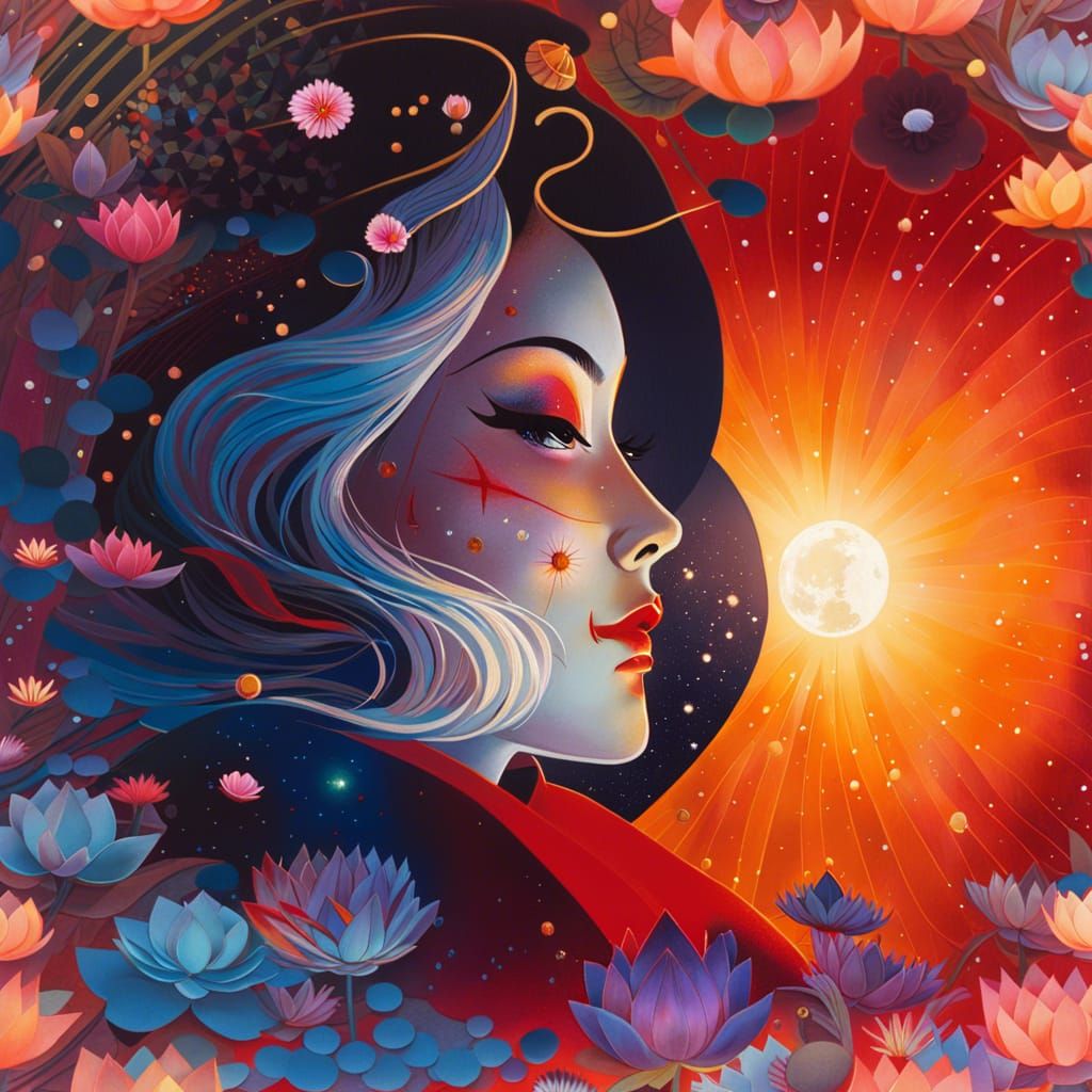 Geisha in Lotus Pond with Neon Glow, Surreal Illustration