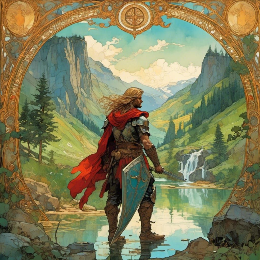 Heroic Warrior in Lush Landscape, Fantasy Art Style