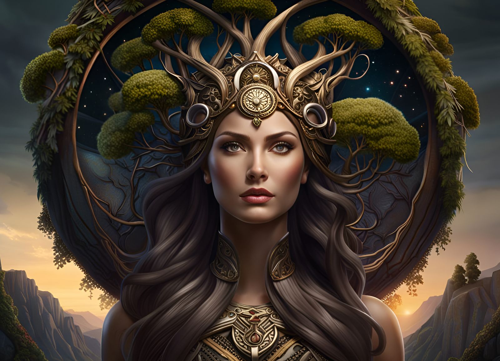 Frigg Observes Yggdrasil in Hyperrealistic Detail