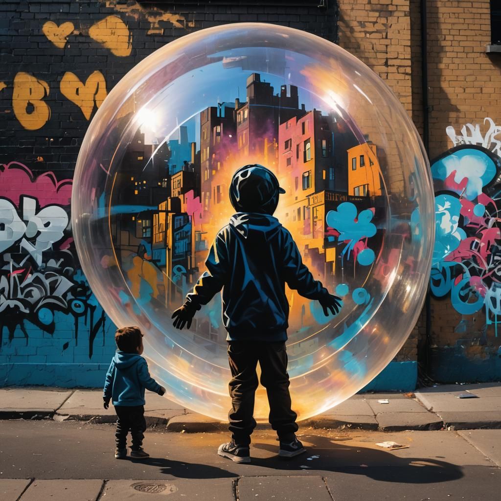 Benevolent Shadow Protects Child: Vibrant Street Art