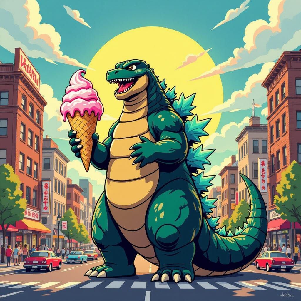 Godzilla Enjoys Giant Ice Cream in Anime Style