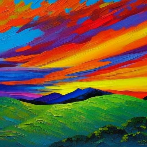 Expressionist Sunrise Over Mountains in Impasto Style