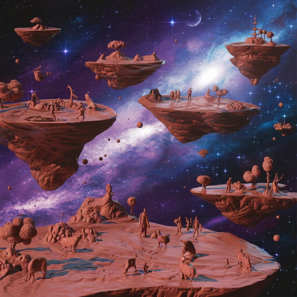 Floating Clay Islands in Celestial Cosmic Scene