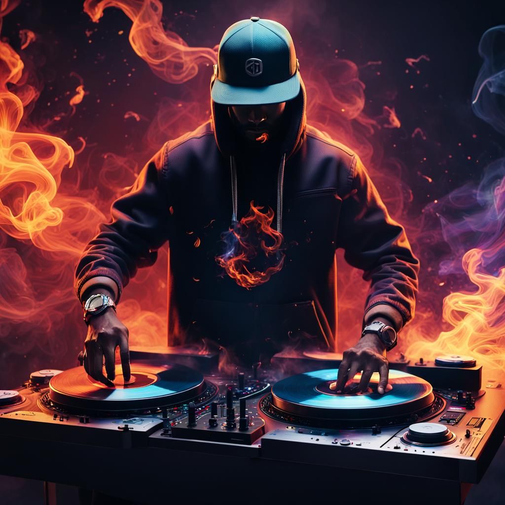 Elemental DJ Spinning Vinyl in a Nightclub, Digital Art