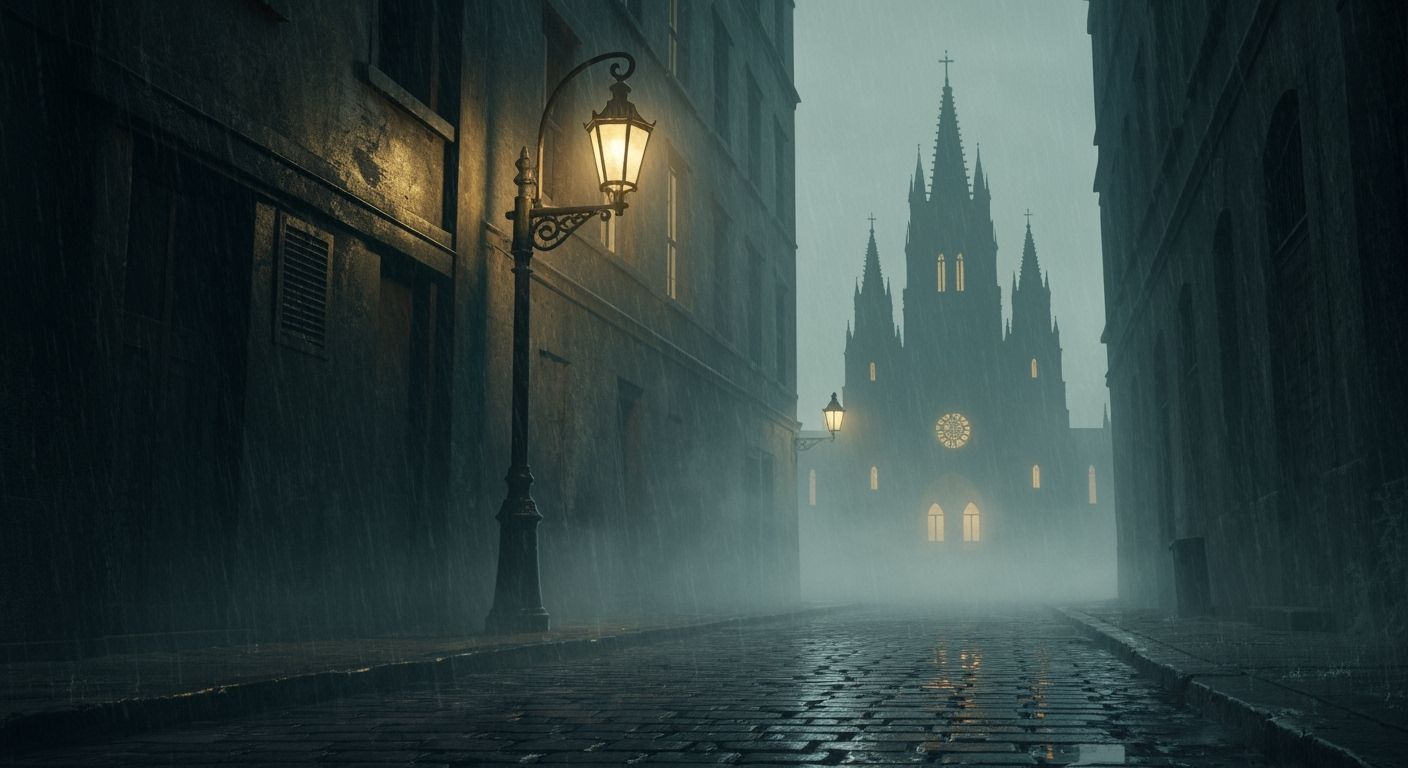 Ancient Street Light in Foggy Urban Alleyway