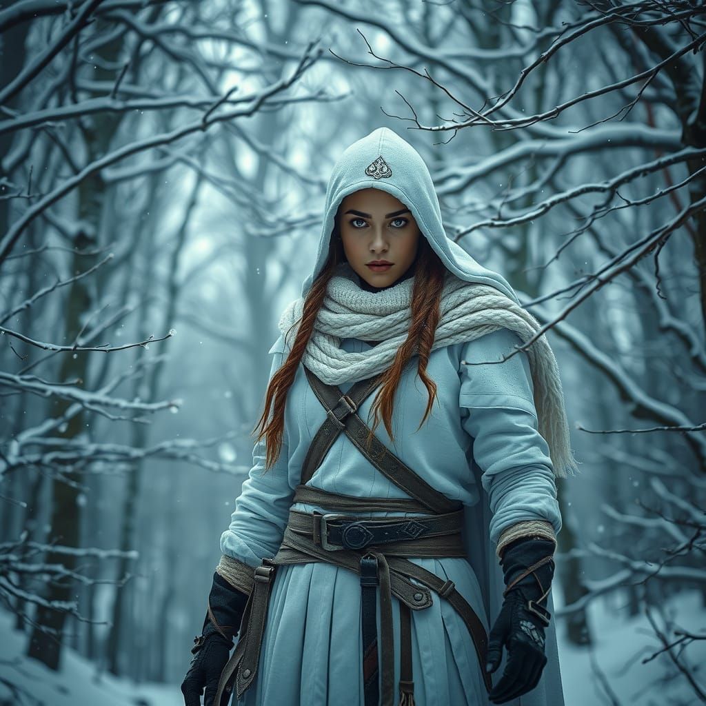 Woman Warrior in Snowy Forest, Hyperrealistic Style