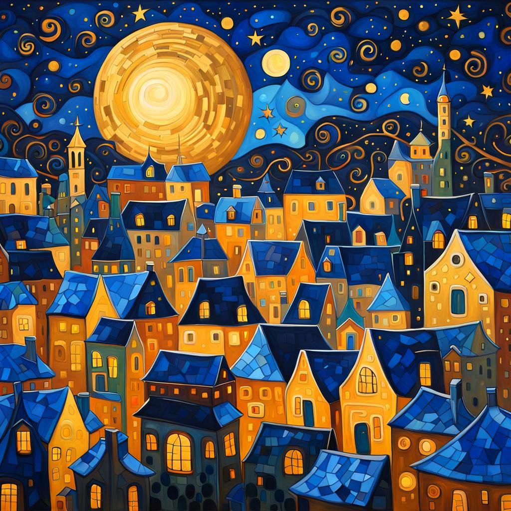 Whimsical Village Under Moon in Klimt Style