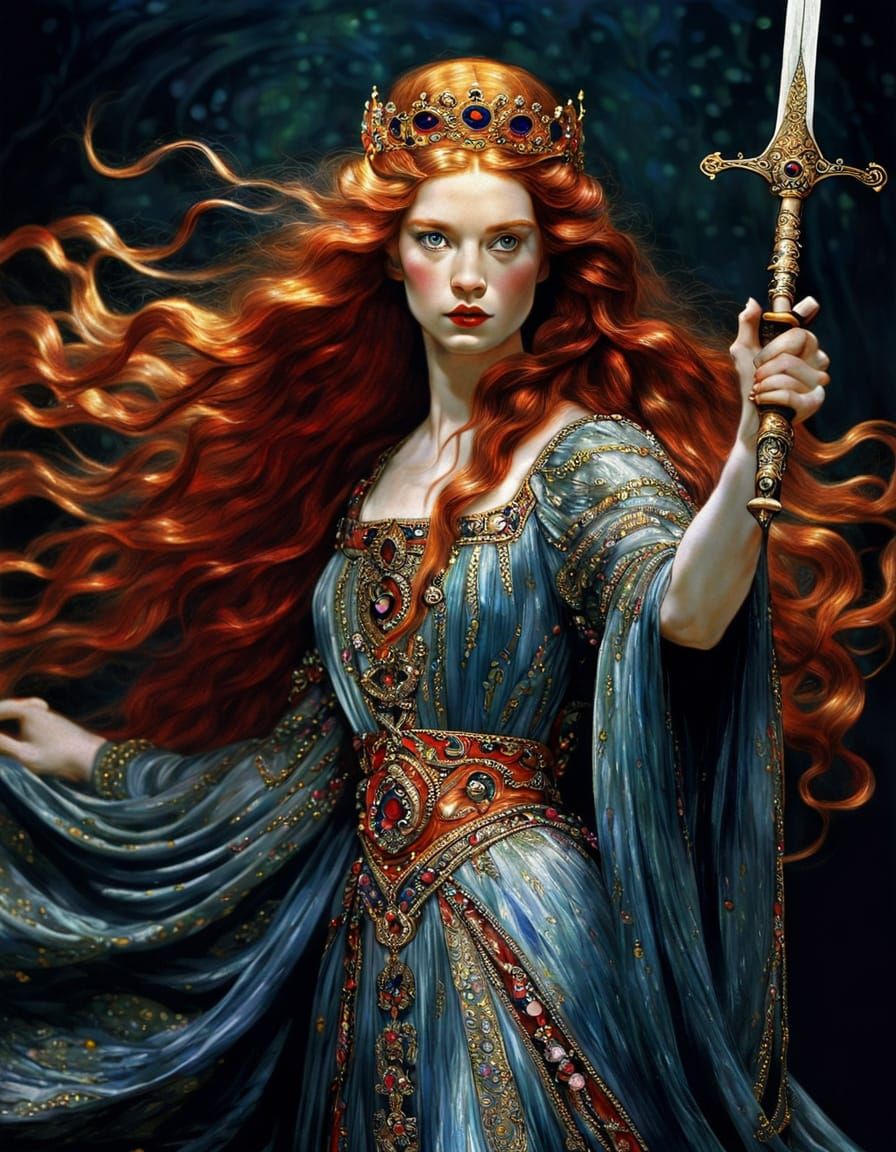 Mythological Queen with Sword, in Klimt Style