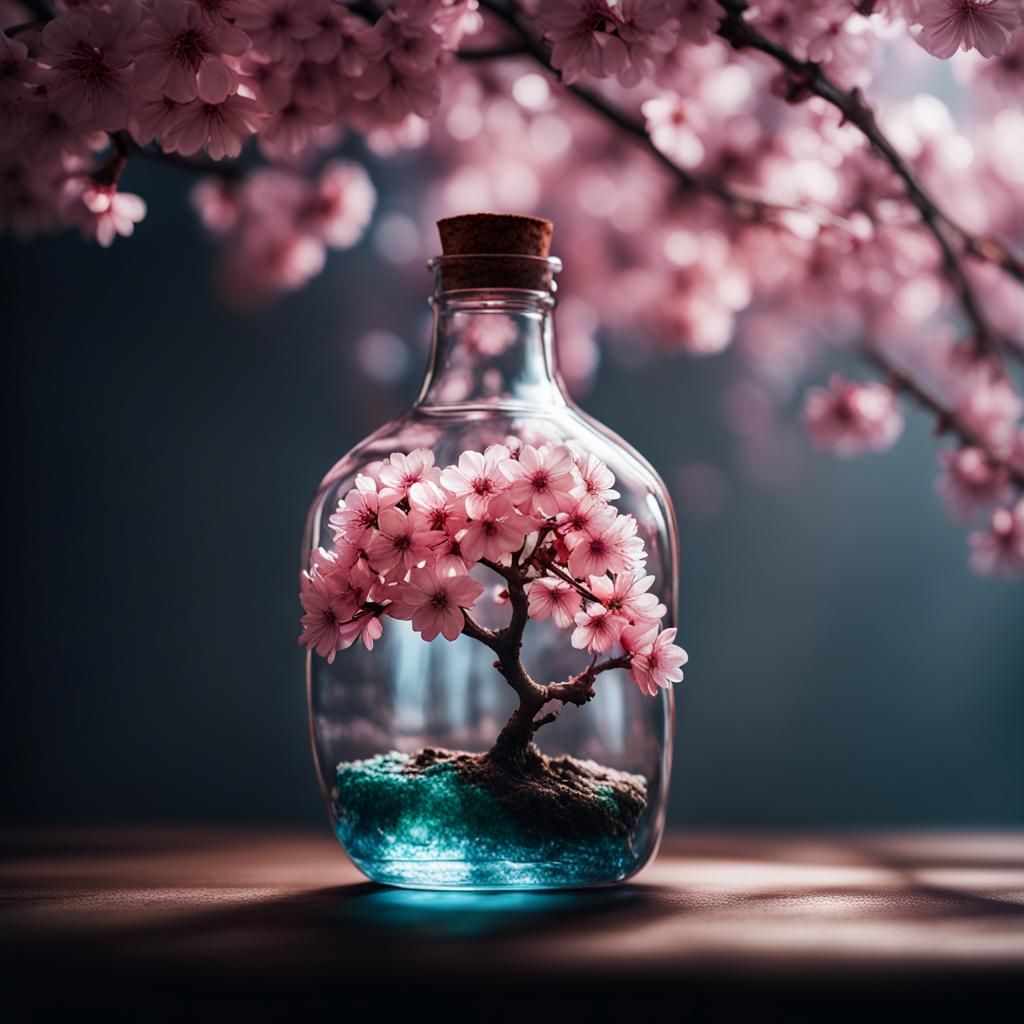 Sakura Tree in a Bottle: Hyperrealistic Digital Art