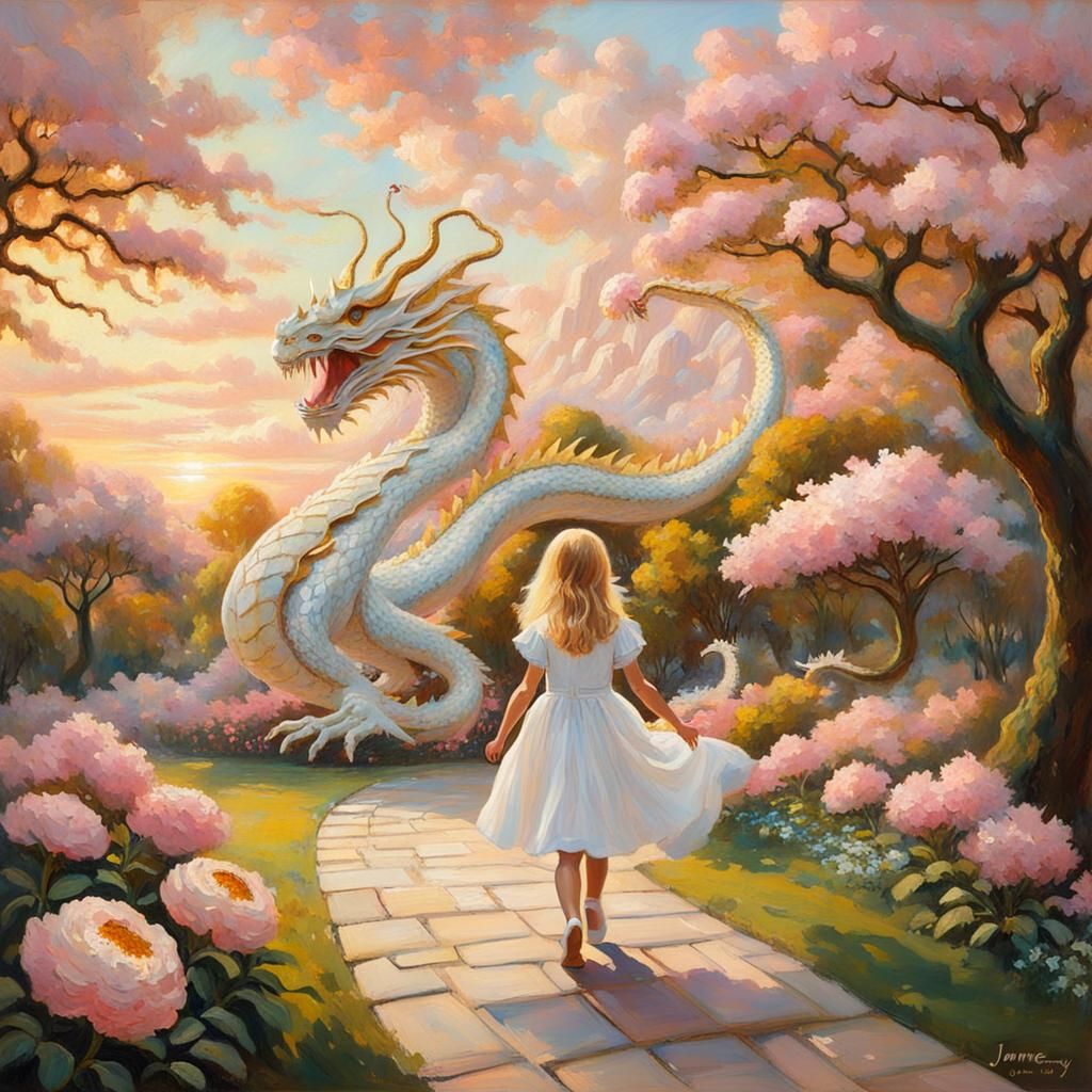 Girl and Dragon in Park, Oil Painting
