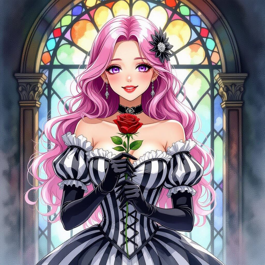 Victorian Woman with Rose in Stained Glass Window, Watercolo...